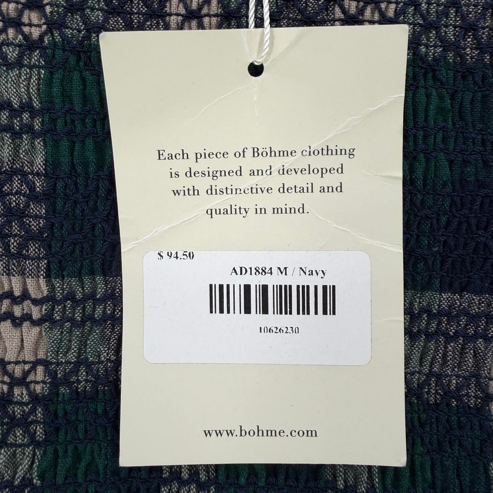 BOHME Emmett Plaid Mini Dress Women Medium Navy Green Smocked Puff Sleeve Tiered - Picture 11 of 16